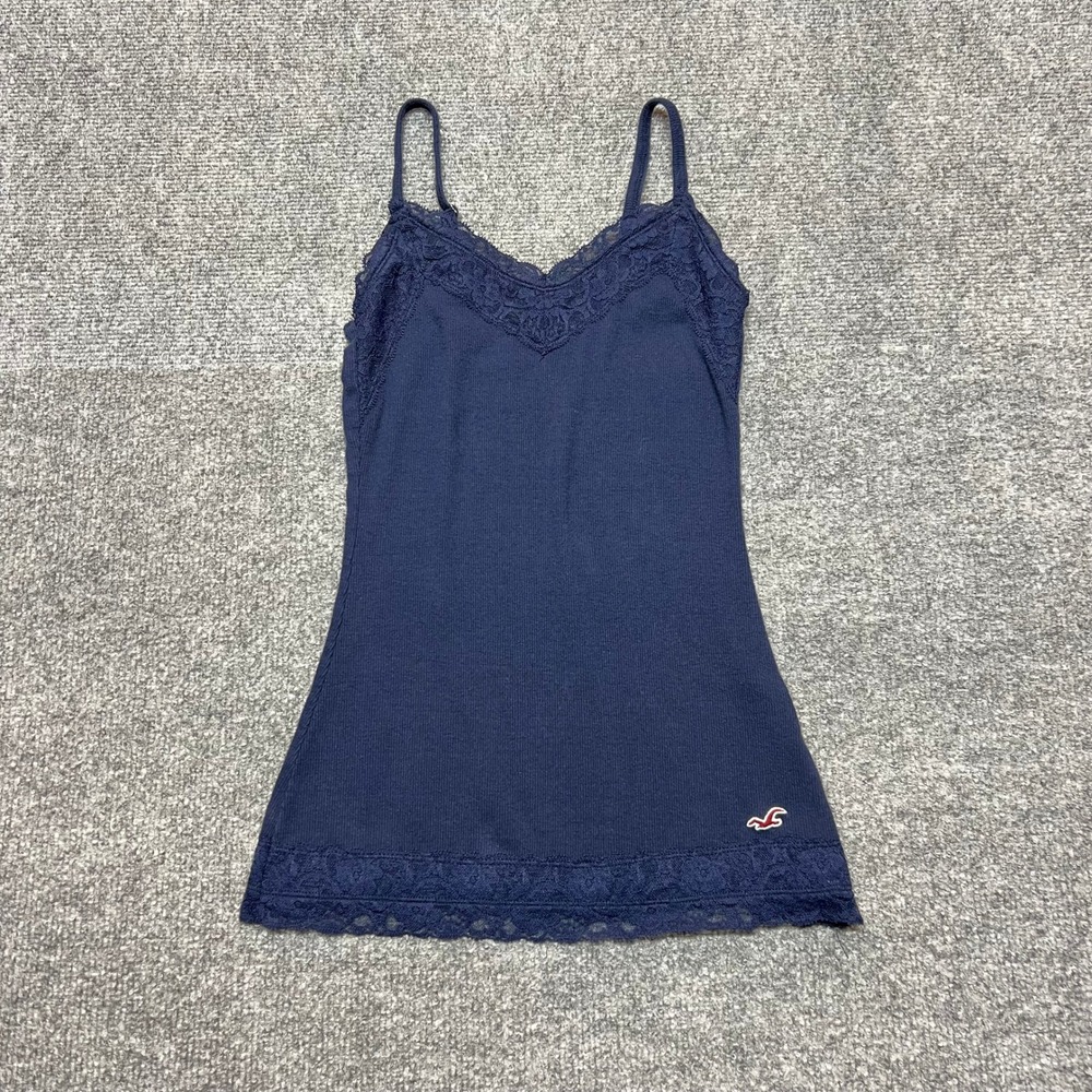 y2k Hollister Women Navy Blue Ribbed Lace Trim Cami XS S263390038